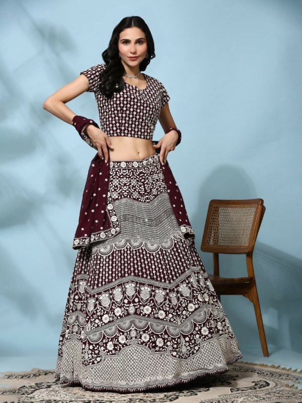 Brown Georgette Thread Embroidered Lehenga Choli with Dupatta - Tanya Online Hot Sale