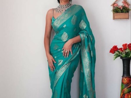 Malishka Cotton Silk Jacquard Ready To Wear Saree With Blouse Piece - Rama Online