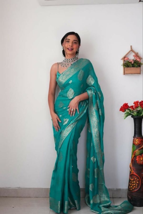 Malishka Cotton Silk Jacquard Ready To Wear Saree With Blouse Piece - Rama Online