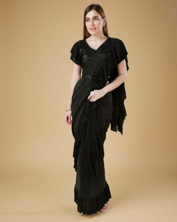 Black Imported Crush Solid Ready to Wear Saree with stitched Blouse - Aayan on Sale