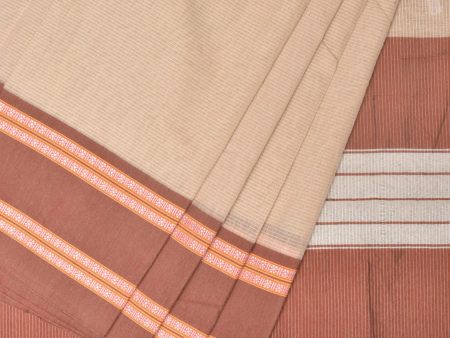 Cream and Fawn Bamboo Cotton Saree with Strips Design No Blouse - Global Threads Hot on Sale