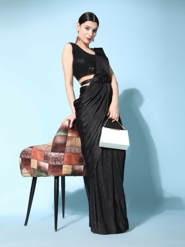 Black Imported Crush Lycra Texture Pattern Ready to Wear Saree with stitched Blouse - Nirvana Discount