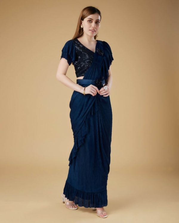 Blue Imported Crush Solid Ready to Wear Saree with stitched Blouse - Aayan Online