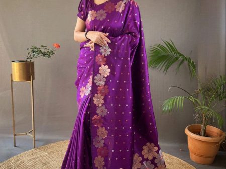 Malishka Banarasi Silk Jacquard Rich Pallu Purple Saree With Blouse Piece Supply