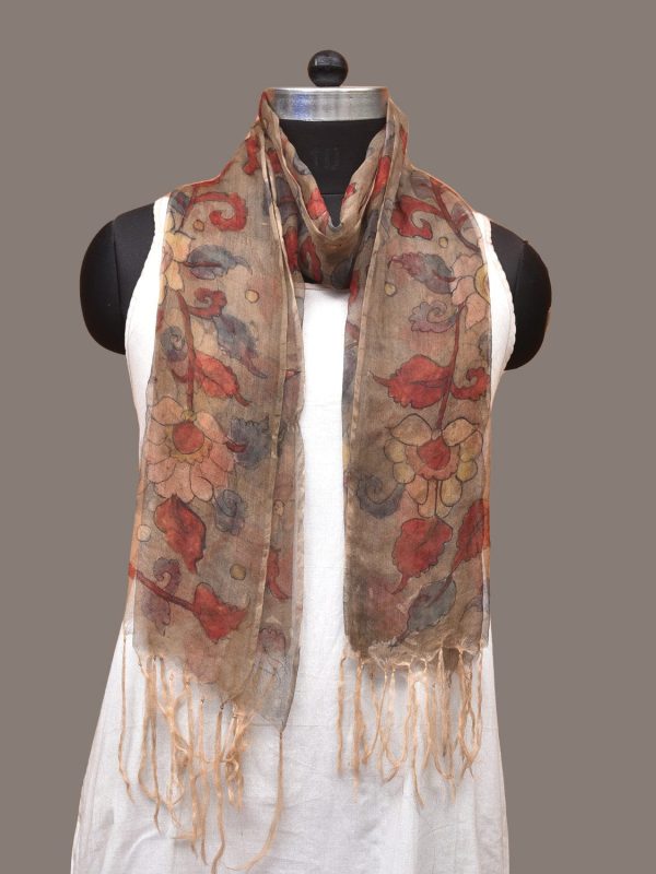 Cream Kalamkari Hand Painted Organza Stole with Floral Design - Global Threads Online Sale