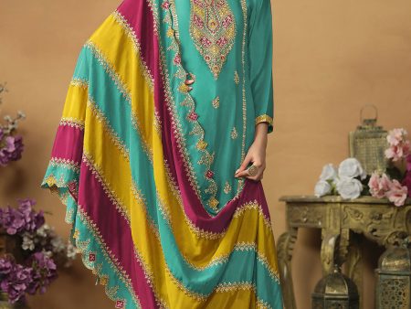 Chinnon Silk Turquoise Salwar Suit with Multicolor Dupatta - Emponline Cheap