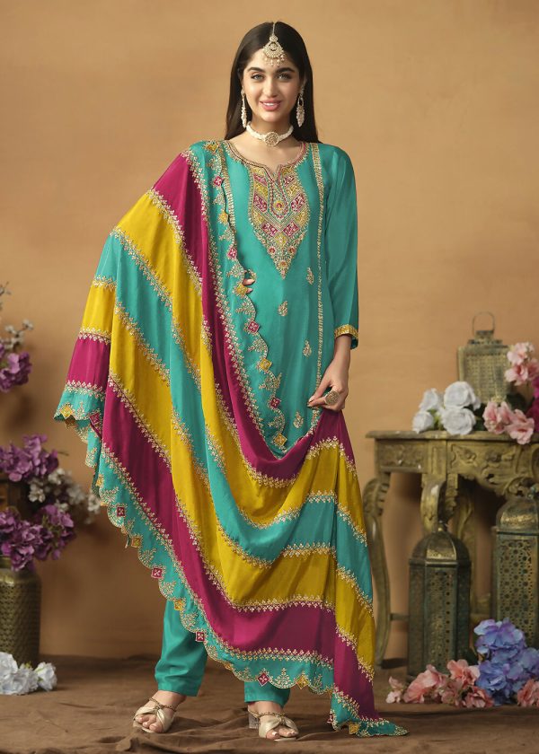 Chinnon Silk Turquoise Salwar Suit with Multicolor Dupatta - Emponline Cheap