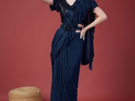 Blue Imported Crush Solid Ready to Wear Saree with stitched Blouse - Aayan Online