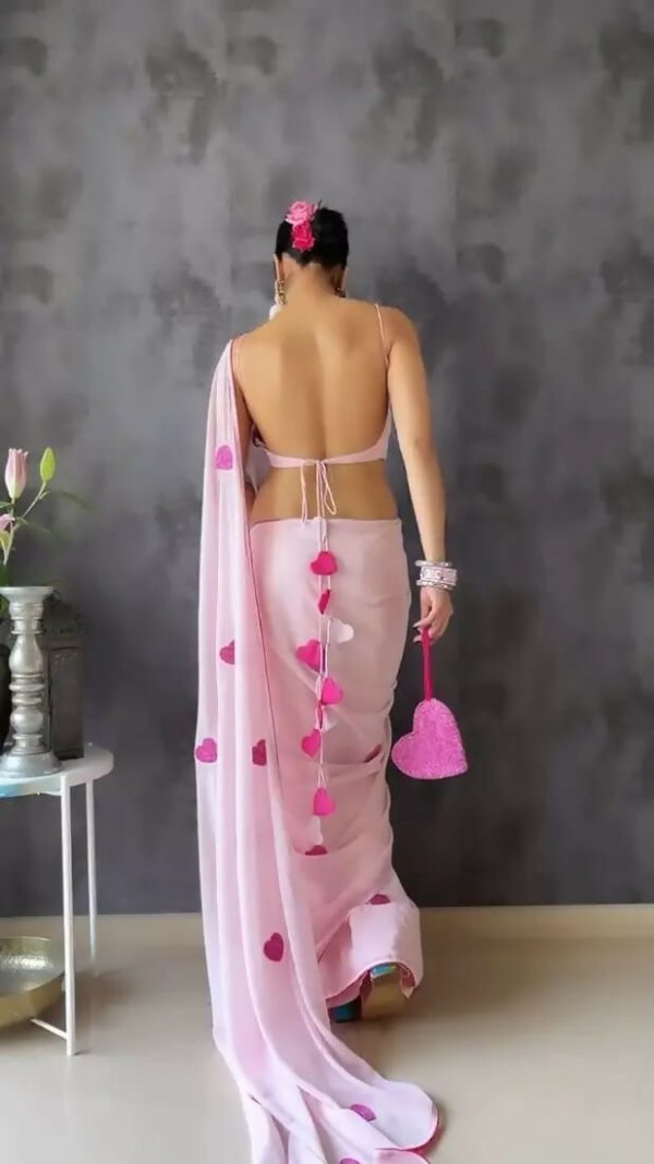 Malishka Georgette Heart Embroidery Ready To Wear Saree With Blouse Piece - Pink Online