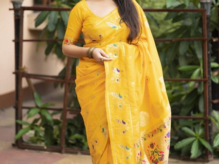 Yellow Pure Silk Woven Design Saree with Unstitched Blouse - Hiral Fashion Sale