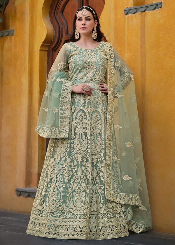 Light Green Pure Butterfly Net Wedding Wear Anarkali Suit - Emponline Fashion