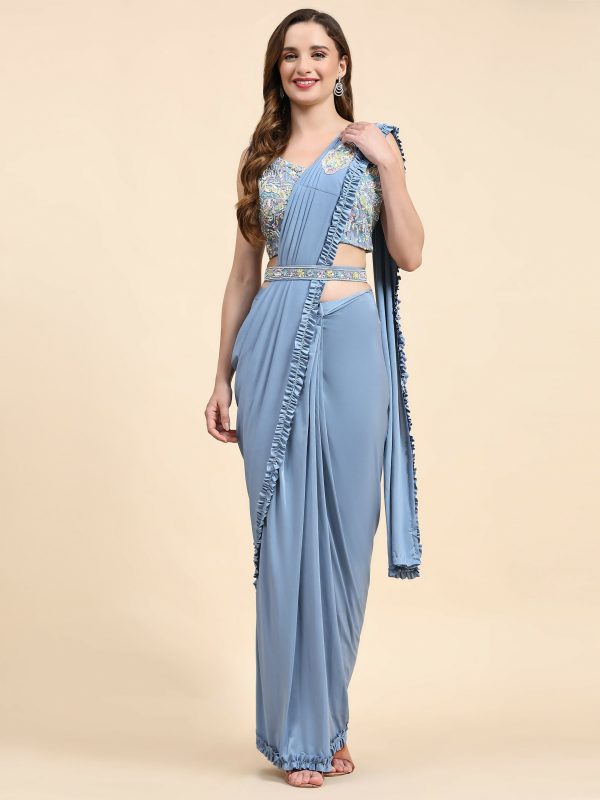 Blue Lycra Solid Ready to wear Saree with stitched Blouse - Vanita Hot on Sale