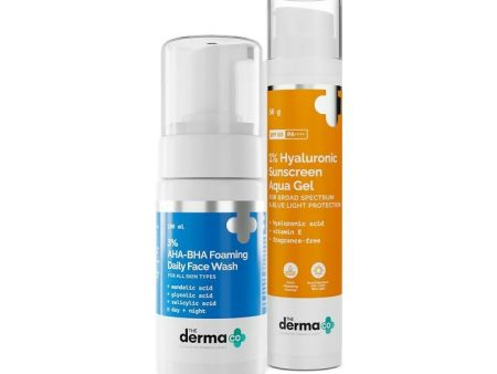 The Derma Co1% Hyaluronic Sunscreen Aqua Gel + 3% AHA+BHA Foaming Daily Face Wash Online Sale