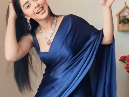 Malishka Satin Silk Solid Ready To Wear Saree With Blouse Piece - Navy on Sale