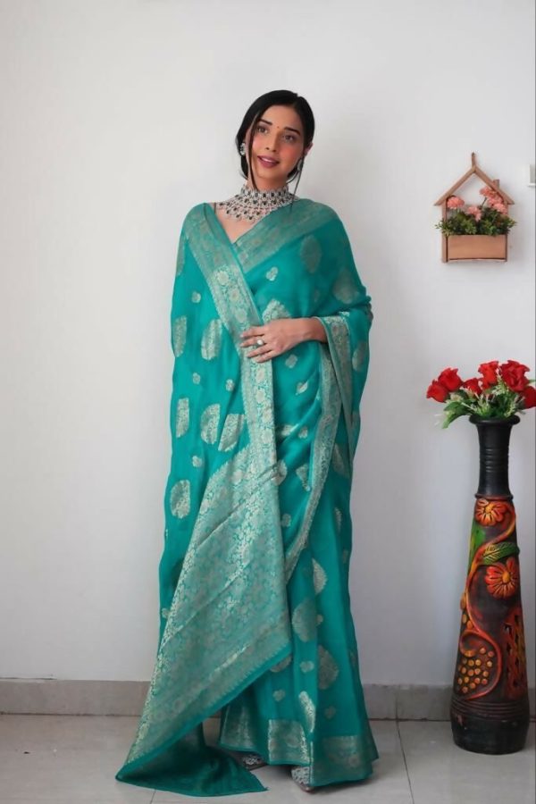 Malishka Cotton Silk Jacquard Ready To Wear Saree With Blouse Piece - Rama Online