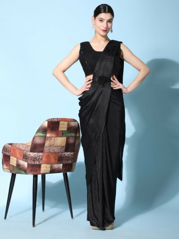 Black Imported Crush Lycra Texture Pattern Ready to Wear Saree with stitched Blouse - Nirvana Discount