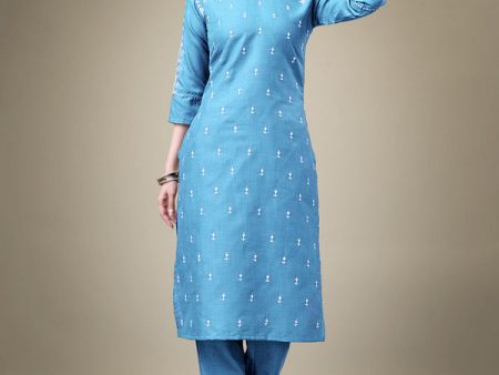 Malishka Women s Embroidered Sky Blue Cotton Blend Kurta Pant Set on Sale