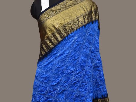 Blue Bandhani Kanchipuram Silk Handloom Dupatta with Border Design - Global Threads on Sale