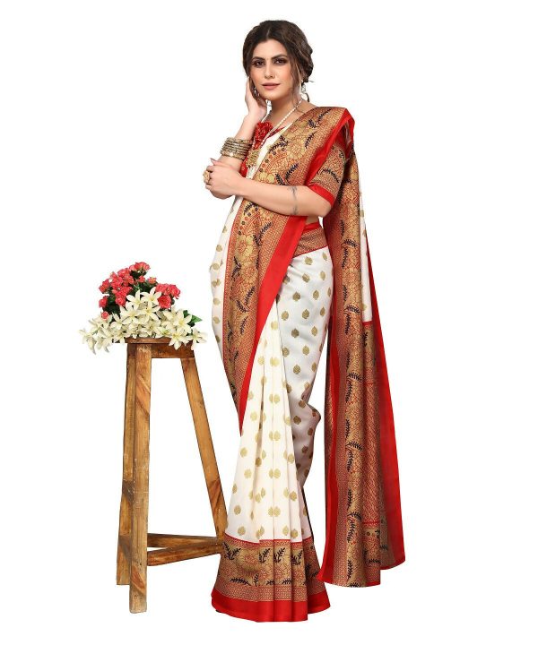 Vamika white & red Printed Art Silk Saree Discount