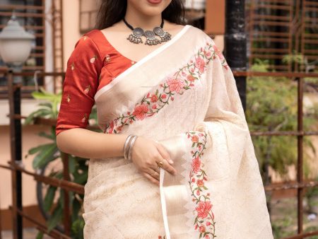 White Pure Linen Woven Design Saree with Unstitched Blouse - Hiral Fashion For Discount