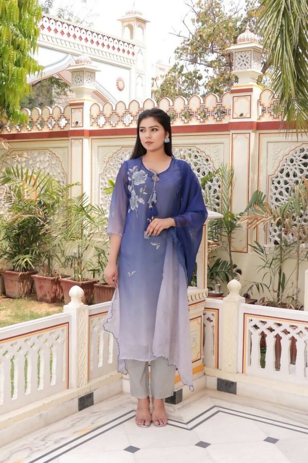 Vaasva Women Blue Tabby Slik Print & Embroidered Kurta, Pant & Dupatta Set Sale