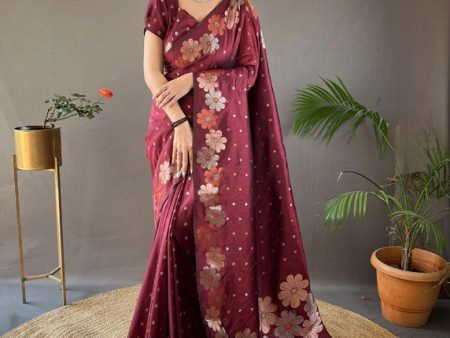 Malishka Banarasi Silk Jacquard Rich Pallu Maroon Saree With Blouse Piece For Sale