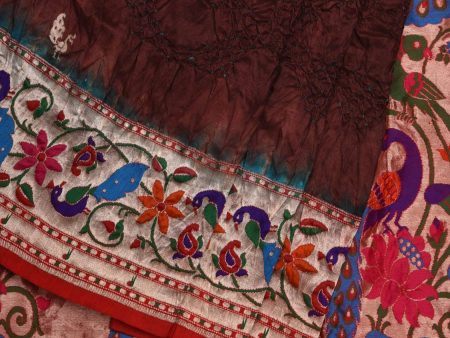 Brown Bandhani Paithani Silk Handloom Saree with Peacocks Border and Pallu Design - Global Threads For Discount