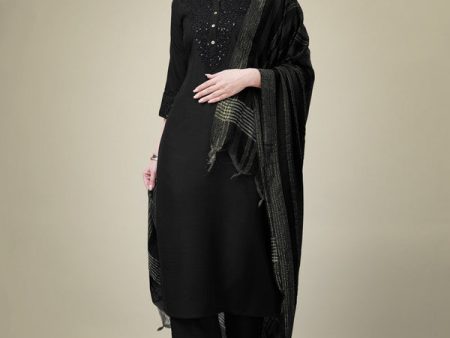 Malishka Women s Embroidered Black Cotton Blend Kurta Pant Dupatta Set Cheap