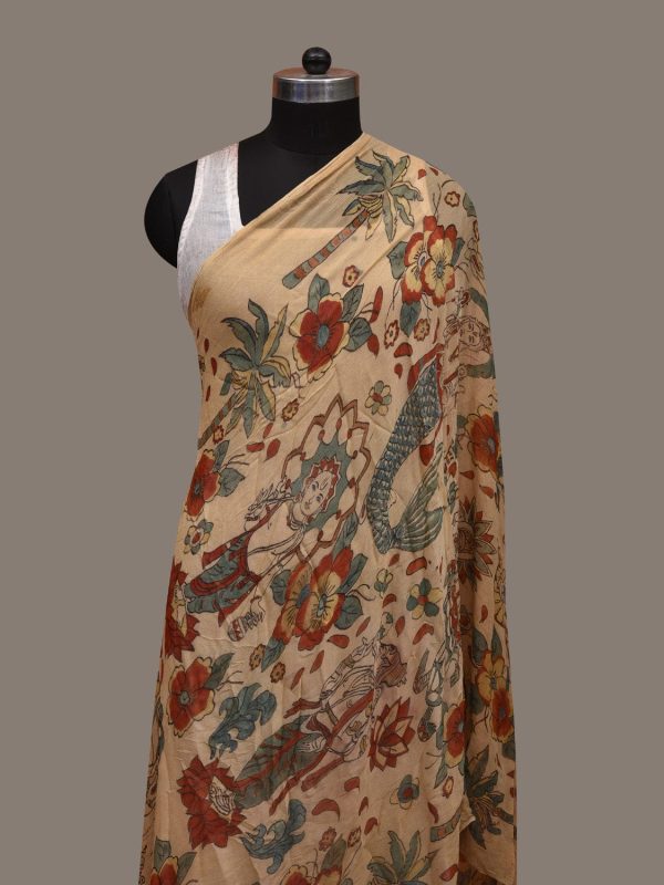 Cream Kalamkari Hand Painted Chiffon Dupatta with Dashavatar Design - Global Threads Cheap