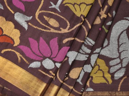 Brown Uppada Silk Handloom Saree with All Over Birds and Lotus Design - Global Threads For Sale