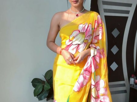 Malishka Organza Silk Printed Ready To Wear Saree With Blouse Piece - Yellow For Discount