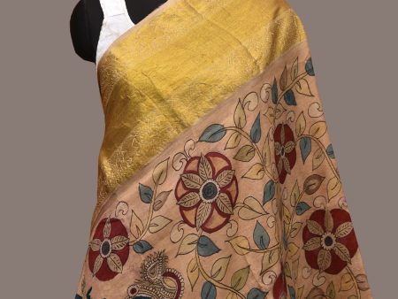 Cream Kalamkari Hand Painted Kanchipuram Silk Handloom Dupatta with Krishna and Radha Design - Global Threads Online now