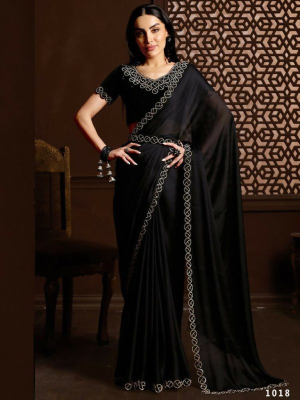 Aafreen Partywear Designer Black Satin Chiffon Fancy Saree Sale