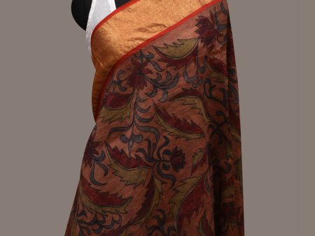 Rust Kalamkari Hand Painted Kanchipuram Silk Handloom Dupatta with Floral and Peacocks Design - Global Threads Sale