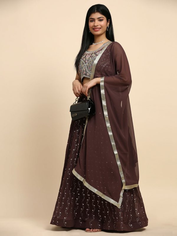 Brown Georgette Embroidered Lehenga choli with Dupatta - Dhara For Cheap