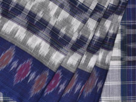 White and Blue Pochampally Ikat Cotton Handloom Saree with Strips Design No Blouse - Global Threads on Sale