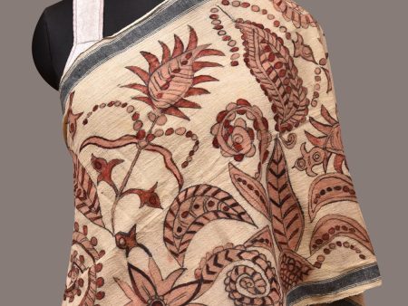 Cream Kalamkari Hand Painted Cotton Bhujodi Handloom Stole with Floral Design - Global Threads Hot on Sale