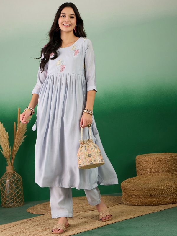 Blue Embroidered Muslin Kurta and Trouser - Berlin Cheap