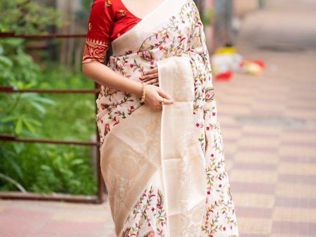 White Jute Silk Ethnic Motifs Saree with Unstitched Blouse - Hiral Fashion Cheap