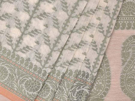 Cream and Light Green Cut Work Sico Cotton Saree with All Over and Border Design - Global Threads Fashion