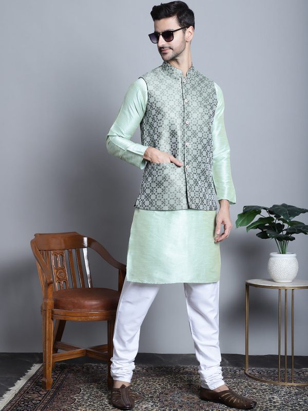 Jompers Men s Woven Design Nehru Jacket With Kurta Pyjama Set - Pista Supply