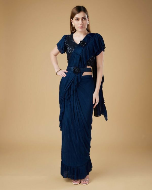 Blue Imported Crush Solid Ready to Wear Saree with stitched Blouse - Aayan Online