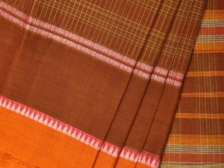 Rust Narayanpet Cotton Handloom Saree with Strips Design No Blouse - Global Threads Fashion