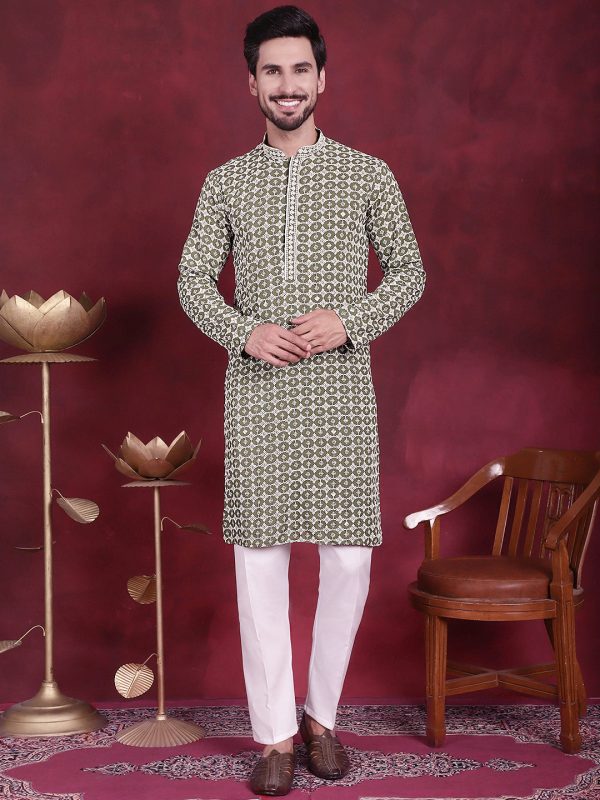 Jompers Men s Sequins Embroidered Kurta with Pyjama - Mehndi Online