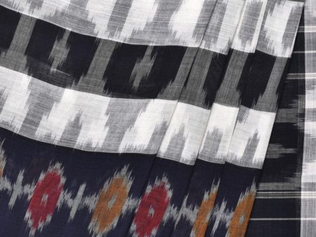 White and Black Pochampally Ikat Cotton Handloom Saree with Strips Design No Blouse - Global Threads Sale