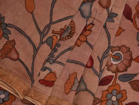 Cream Kalamkari Hand Painted Silk Muga Handloom Saree with Lotus and Birds Design - Global Threads Online Sale