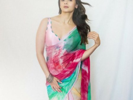 Malishka Georgette Printed Ready To Wear Saree With Blouse Piece - Multi Color Online