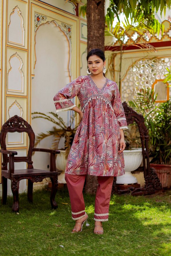 Vaasva Women Brown Muslin Floral Print Alia cut Kurta & Pant (Cord set) Online Sale