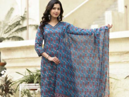 Indian Fashion Women Blue Floral Print, Embellished Viscose Rayon Kurta, Pant And Dupatta Set For Discount