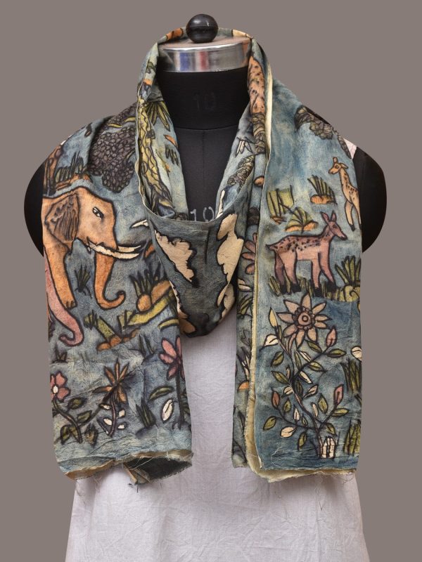 Blue Kalamkari Hand Painted Sico Stole with Animals Design - Global Threads Hot on Sale